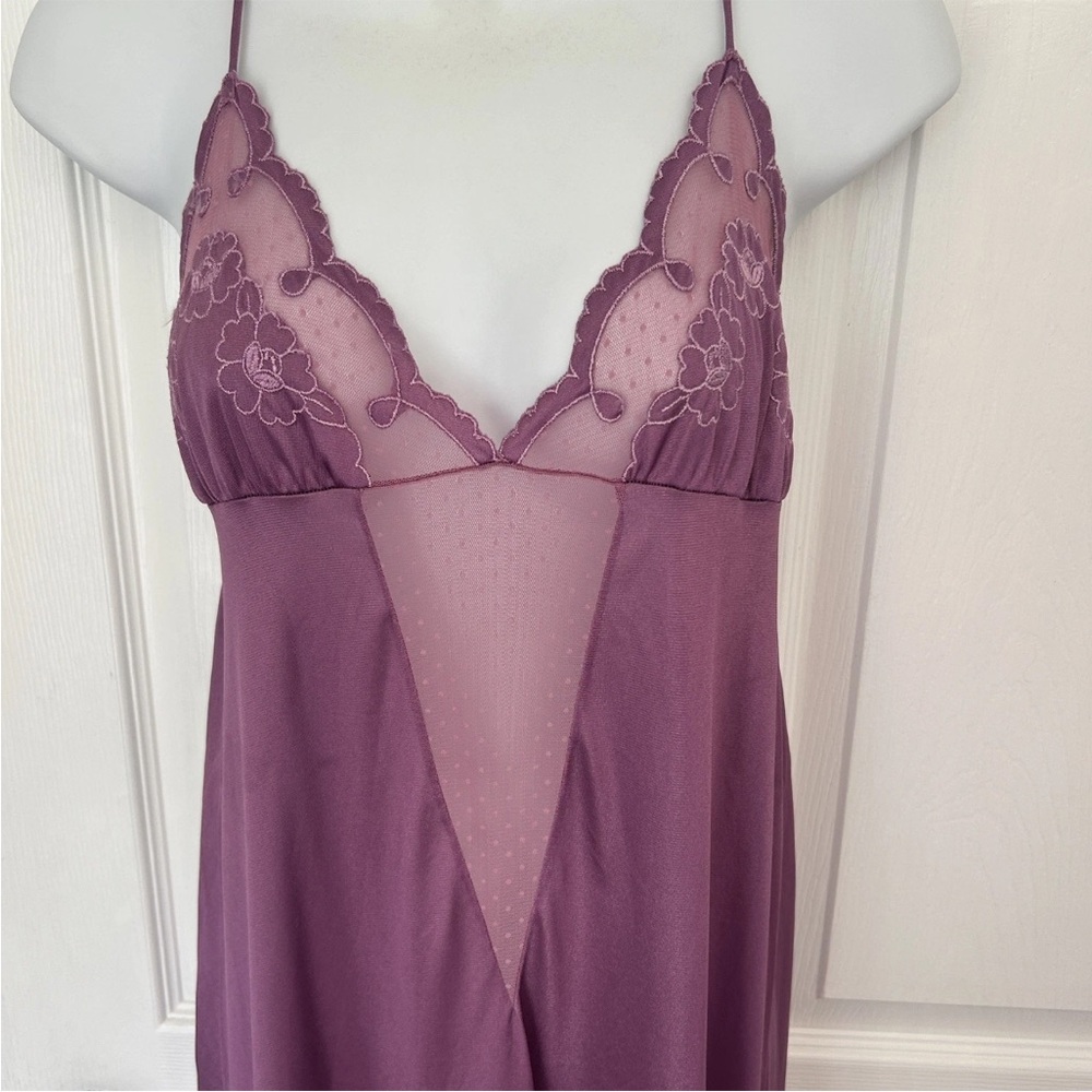 Vtg plum Slip Dress Nightgown Floral Sheer 70s Medium 55” Nylon Peignoir
